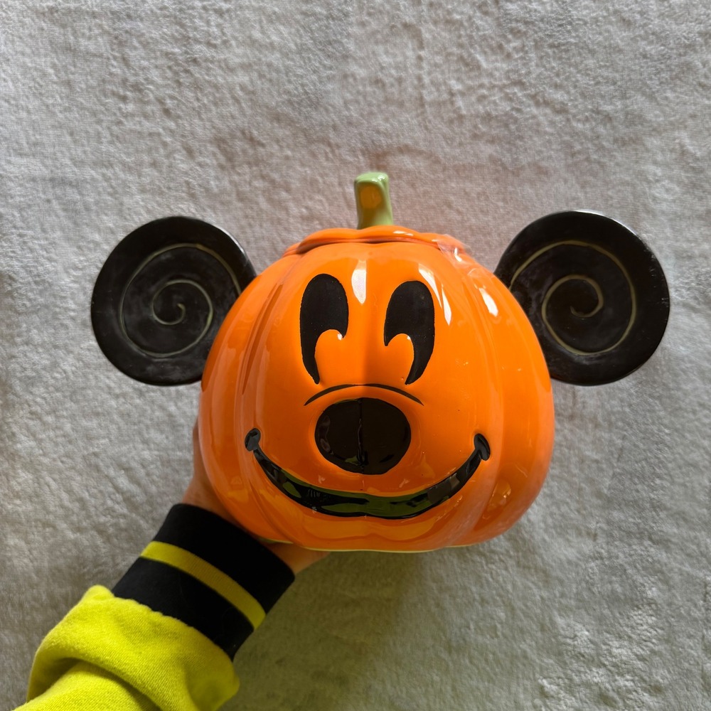 Disney Mickey Mouse Pumpkin Ceramic Cookie Jar Halloween Orange Black - AH0000